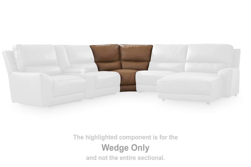 DeepWakes reclining sectional by Ashley Furniture featuring storage console, with plush cushions and dark gray fabric upholstery.