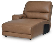 Ashley Furniture DeepWakes reclining sectional sofa chaise viewed from an angle, showcasing plush cushions and modern design.
