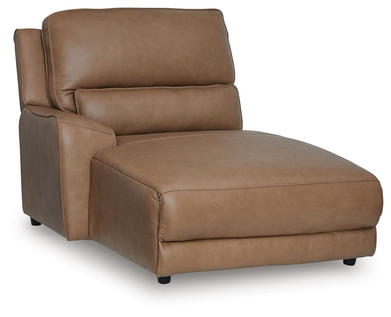 DeepWakes reclining sectional sofa chaise by Ashley Furniture, showing the plush fabric, reclining feature, and modern design from an angled view.