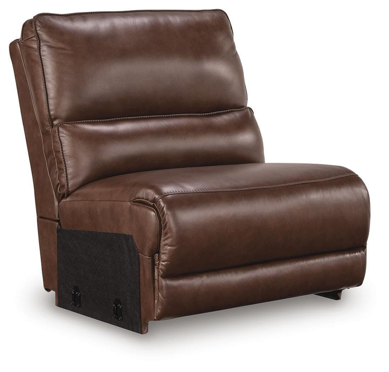 Ashley Furniture DeepWakes reclining sectional with storage console, showing plush cushions and built-in cup holders in a modern living room.