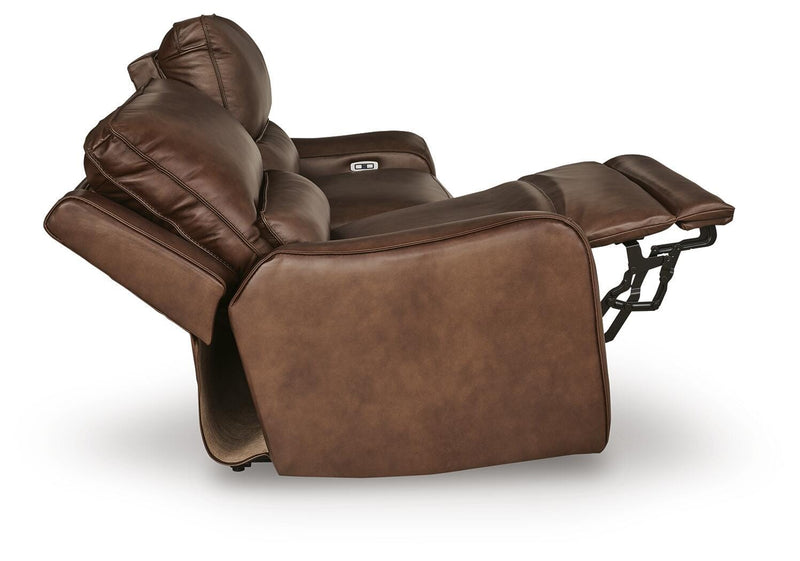 Open side view of Ashley Furniture DeepWakes reclining living room set with plush cushions and reclining features.