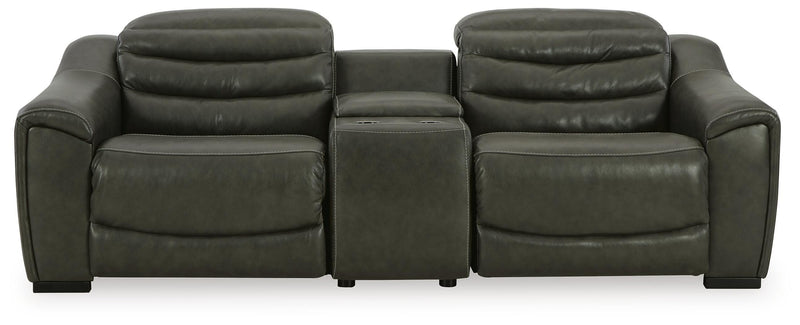 Ashley Furniture Center Line living room set with sofa, loveseat, and armchair in neutral fabric, arranged in a modern living space.
