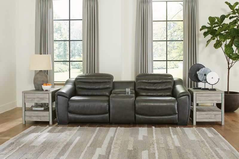 Ashley Furniture Center Line living room set with sofa, loveseat, and armchair arranged in a contemporary living space.