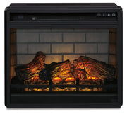Ashley Furniture infrared fireplace insert with realistic flames and heater controls, designed as an entertainment accessory for living rooms.