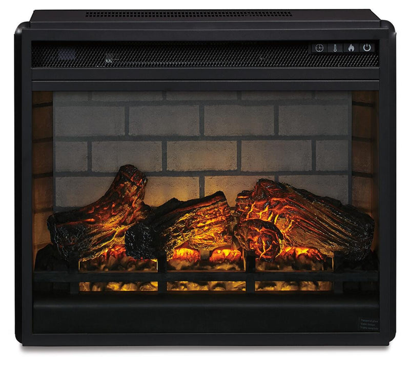 Ashley Furniture infrared fireplace insert with realistic flames and heater controls, designed as an entertainment accessory for living rooms.