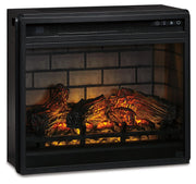 Ashley Furniture electric infrared fireplace insert shown from a left angle, featuring a modern fireplace design with glowing flame display.