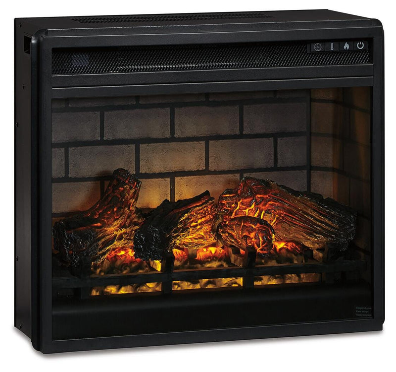 Ashley Furniture electric infrared fireplace insert shown from a left angle, featuring a modern fireplace design with glowing flame display.