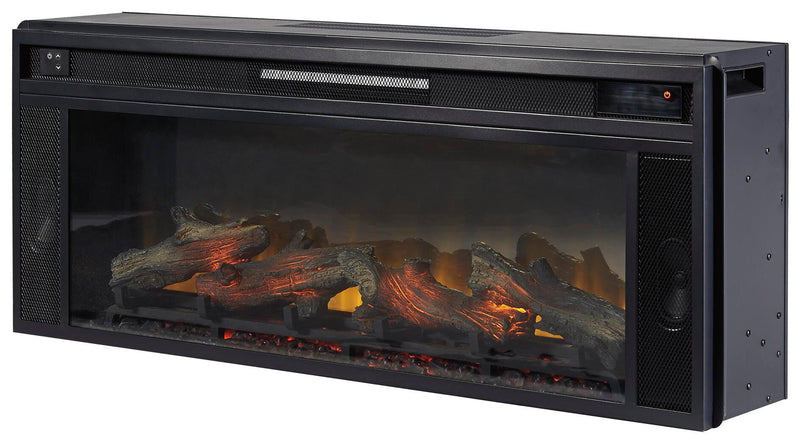 Ashley Furniture entertainment accessories fireplace insert with a modern fireplace design and angled view.