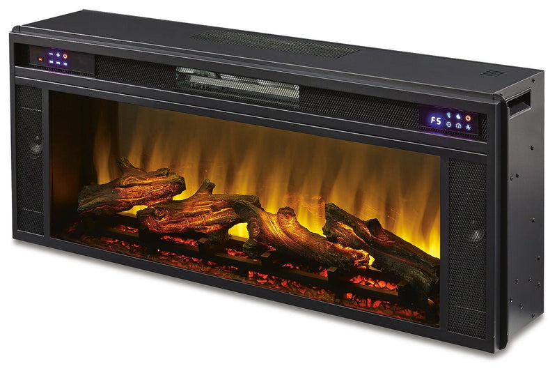 Ashley Furniture entertainment accessories fireplace insert shown from an angled view, featuring a modern fireplace design with a sleek finish.