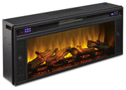 Ashley Furniture fireplace insert with entertainment accessories, shown at an angle, featuring a modern fireplace design.