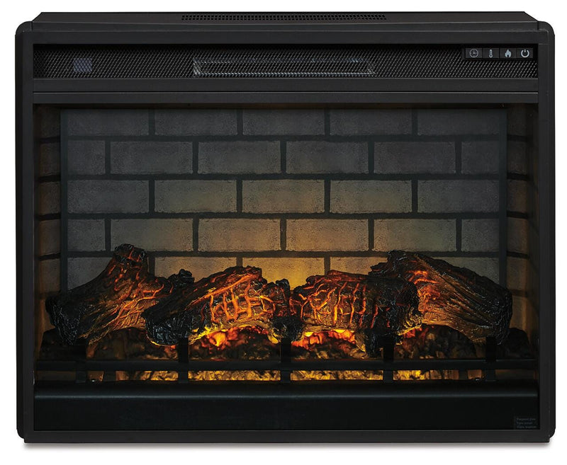 Ashley Furniture electric infrared fireplace insert with realistic flames and control panel, designed for entertainment and cozy ambiance.