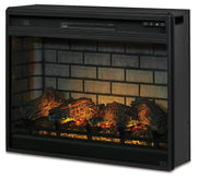 Wittenmyer 72-inch TV stand with electric fireplace by Ashley Furniture, showing a sleek wooden unit with built-in fireplace and left-angle view.