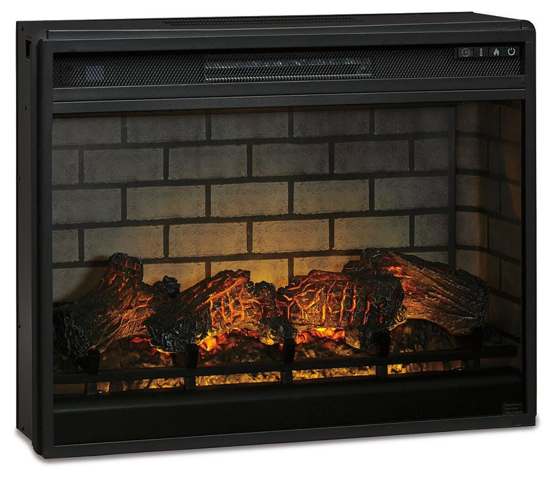 Ashley Furniture electric infrared fireplace insert with realistic flame effects and right-angle design for entertainment spaces.