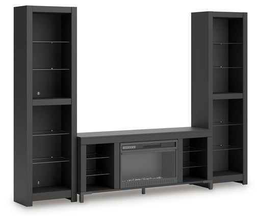 Ashley Furniture Cayberry entertainment center with electric fireplace, featuring a modern TV stand design with built-in fire feature.