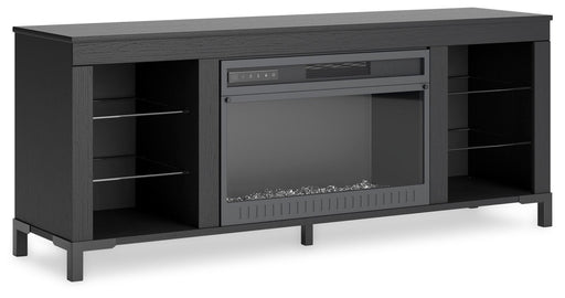 Ashley Furniture Cayberry 60-inch TV stand with electric fireplace and storage, shown from an angled view.