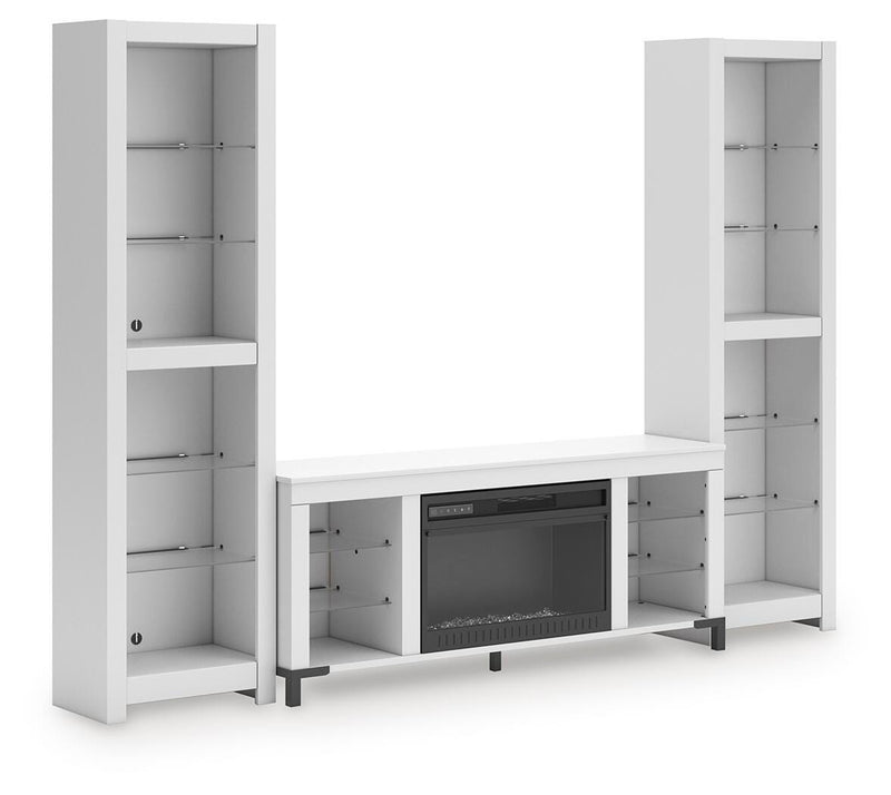 Ashley Furniture Brollevi Entertainment Center with open shelves and storage cabinets, modern design in warm wood finish.