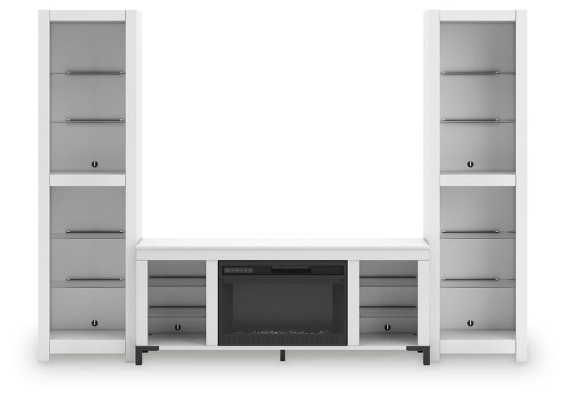 Ashley Furniture Brollevi Entertainment Center with open shelves and storage compartments, modern wood finish.