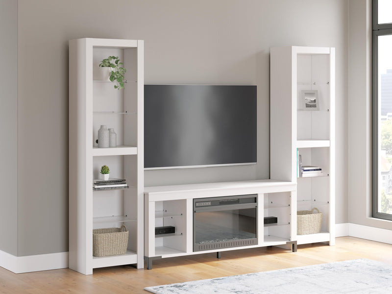 Ashley Furniture Brollevi Entertainment Center with open shelves and storage compartments for TV and media accessories.