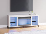 Blue Ashley Furniture Brollevi 60-inch TV stand with electric fireplace, entertainment center with storage cabinets and modern design.