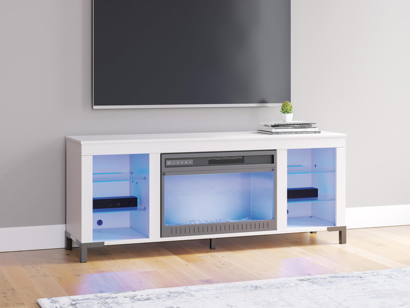 Blue Ashley Furniture Brollevi 60-inch TV stand with electric fireplace, entertainment center with storage cabinets and modern design.