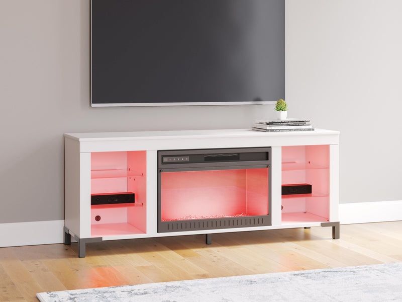 Ashley Furniture Brollevi 60-inch TV stand with electric fireplace, featuring storage compartments and modern entertainment center design.