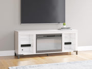 White Ashley Furniture Brollevi 60-inch TV stand with built-in electric fireplace, modern entertainment center with storage cabinets.