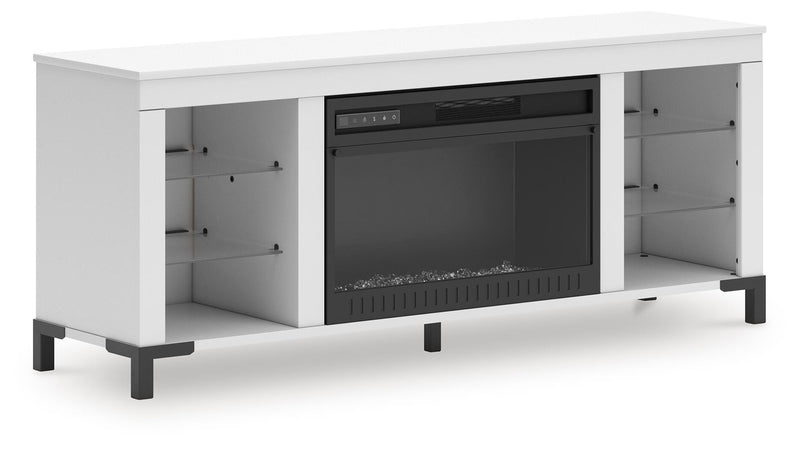 Ashley Furniture Brollevi 60-inch TV stand with electric fireplace, showcasing the modern entertainment center with storage cabinets.