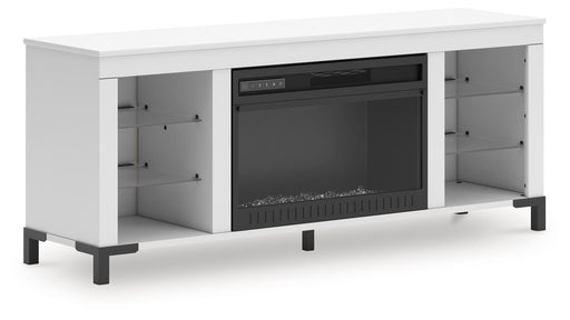 Ashley Furniture Brollevi 60-inch TV stand with electric fireplace, showcasing the modern entertainment center with storage cabinets.