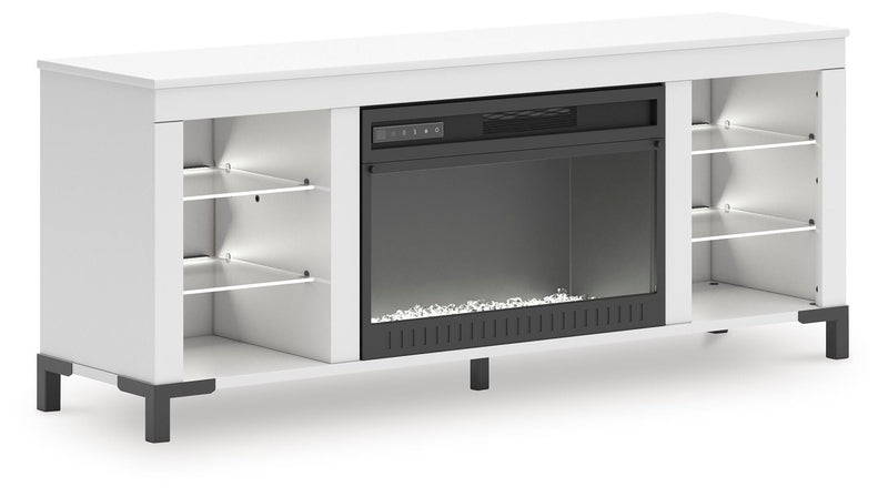 Ashley Furniture Brollevi 60-inch TV stand with electric fireplace, white entertainment center with angled design and storage compartments