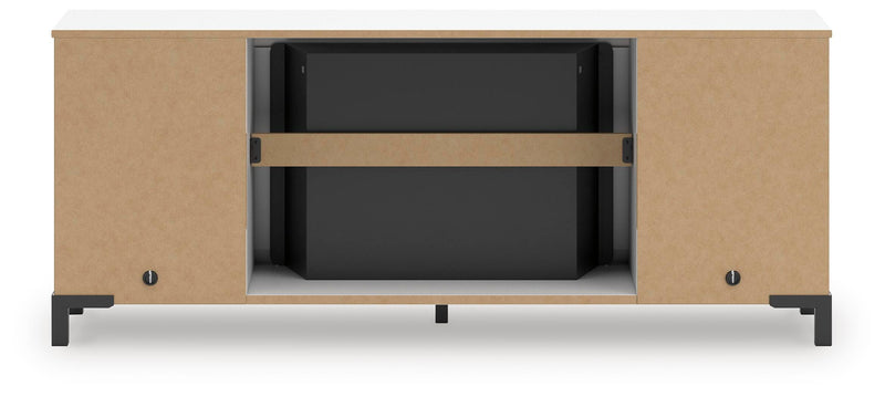 Back view of Ashley Furniture Brollevi 60-inch TV stand with electric fireplace and storage cabinets in a modern entertainment center design.