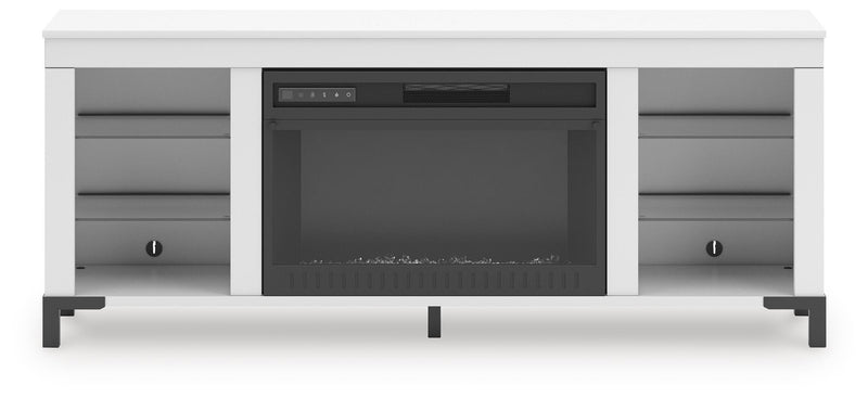 Ashley Furniture Brollevi 60-inch TV stand with built-in electric fireplace, showcasing a modern entertainment center with storage cabinets.