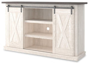 Ashley Furniture Dorrinson 54-inch TV stand with open shelves and storage compartments, shown from an angled view.