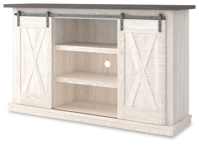 Ashley Furniture Dorrinson 54-inch TV stand with open shelves and storage compartments, shown from an angled view.