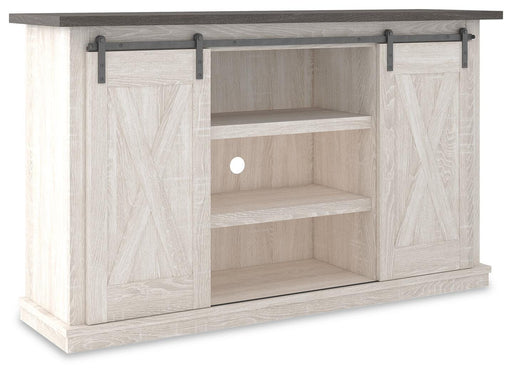 Ashley Furniture Dorrinson 54-inch TV stand with open shelves and storage cabinets, shown at an angled view.