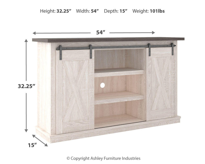 Ashley Furniture Dorrinson 54-inch TV stand with open shelves and storage compartments in a dark wood finish.