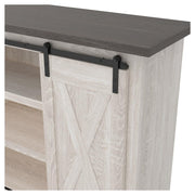 Ashley Furniture Dorrinson 54-inch TV stand with open shelves and storage cabinets in a modern wood finish.