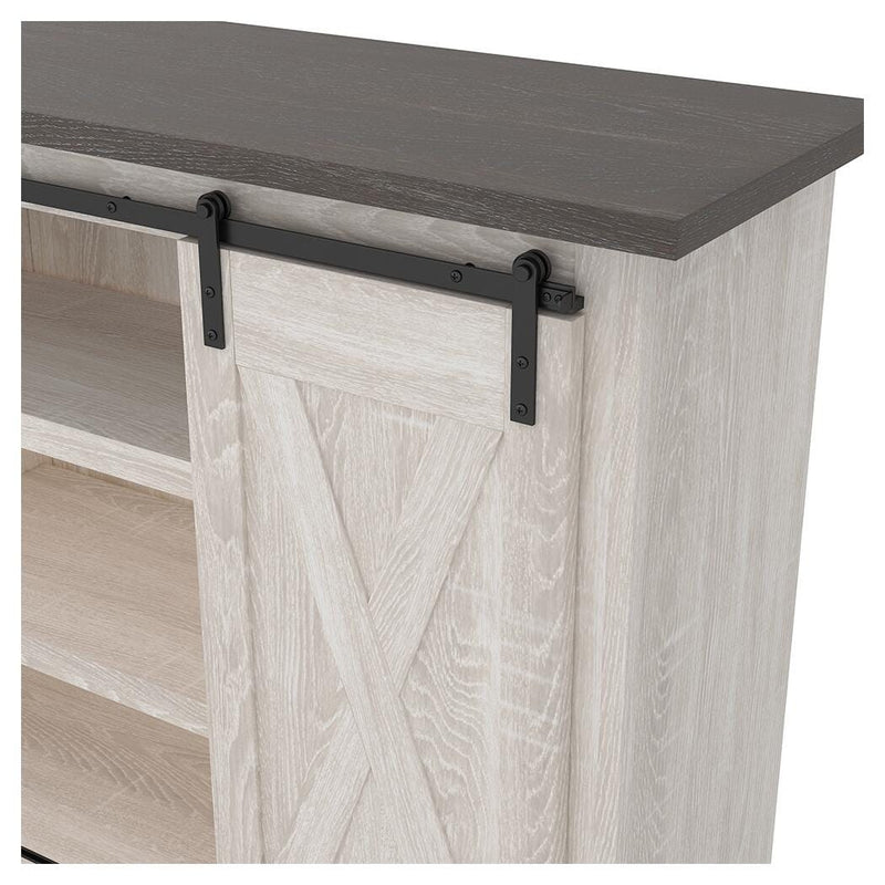 Ashley Furniture Dorrinson 54-inch TV stand with open shelves and storage cabinets in a modern wood finish.