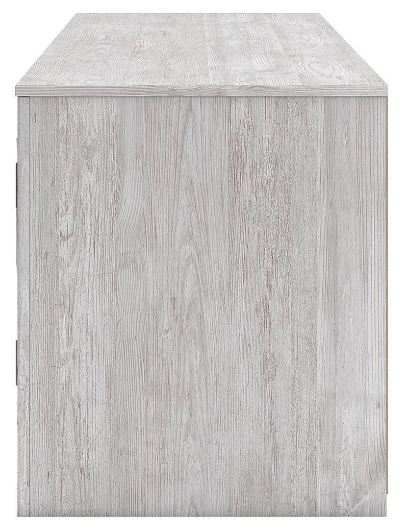 Ashley Furniture Cayboni 71-inch TV stand with built-in electric fireplace, showcasing a modern wood finish and open shelving.