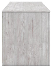 Ashley Furniture Cayboni 71-inch TV stand with electric fireplace, wood finish, and storage cabinets in a modern living room setting.