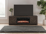 Ashley Furniture Cayboni 71-inch TV stand with built-in electric fireplace, wood finish, and open shelving for media storage.