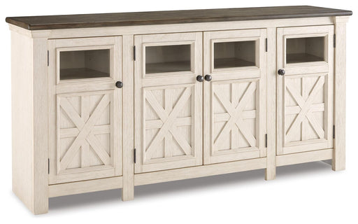 Ashley Furniture Bolanburg 74-inch TV stand with open shelves and cabinet storage in dark wood finish.