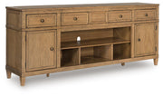 Ashley Furniture Sharlance 81-inch TV stand with open shelves and closed cabinets, dark wood finish, angled view.