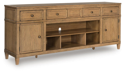 Ashley Furniture Sharlance 81-inch TV stand with open shelves and closed cabinets, dark wood finish, angled view.