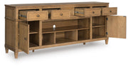 Ashley Furniture Sharlance 81-inch TV stand with open shelving and sleek design, shown from an angled side view.