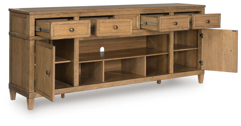 Ashley Furniture Sharlance 81-inch TV stand with open shelving and sleek design, shown from an angled side view.