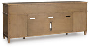 Ashley Furniture Sharlance 81-inch TV stand with open shelving and a dark wood finish, shown from the back in the image.