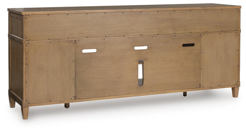 Ashley Furniture Sharlance 81-inch TV stand with open shelving and a dark wood finish, shown from the back in the image.