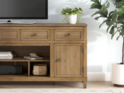 Ashley Furniture Sharlance 81-inch TV stand with open shelving and storage cabinets, modern design in a warm wood finish.