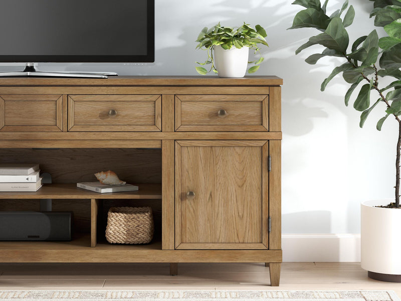 Ashley Furniture Sharlance 81-inch TV stand with open shelving and storage cabinets, modern design in a warm wood finish.