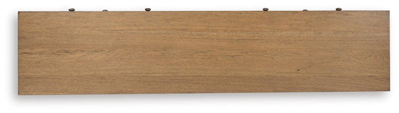 Ashley Furniture Sharlance 81-inch TV stand with wood top, open shelving, and storage cabinets for entertainment setup.